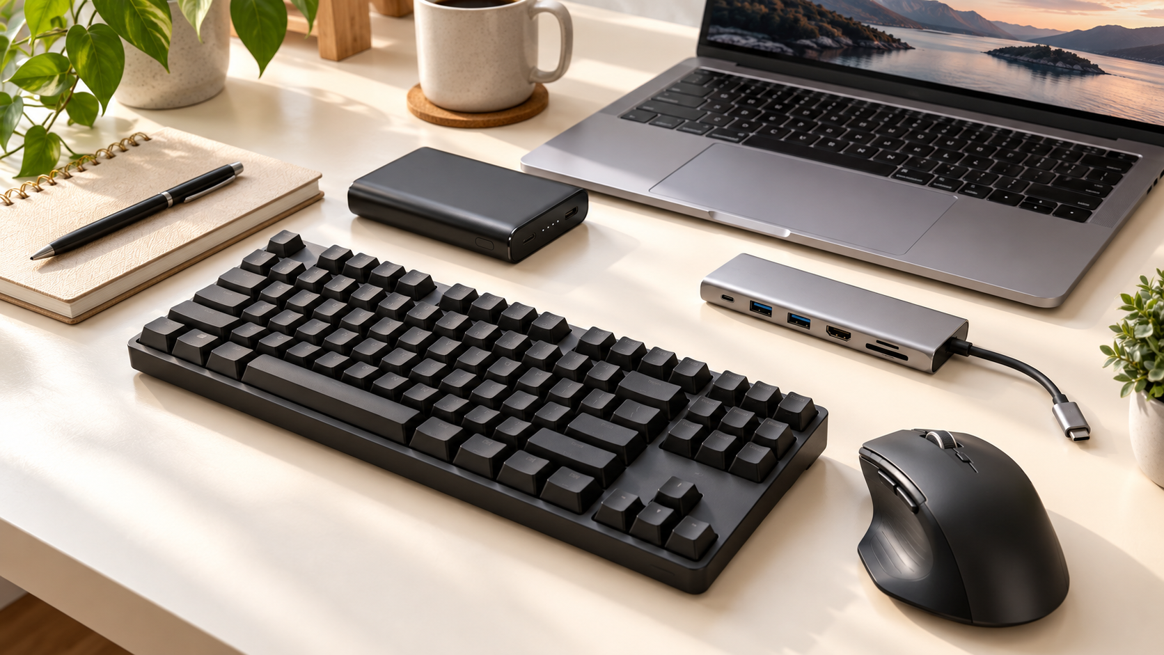 Desk setup with keyboard, ergonomic mouse, USB-C hub and power bank