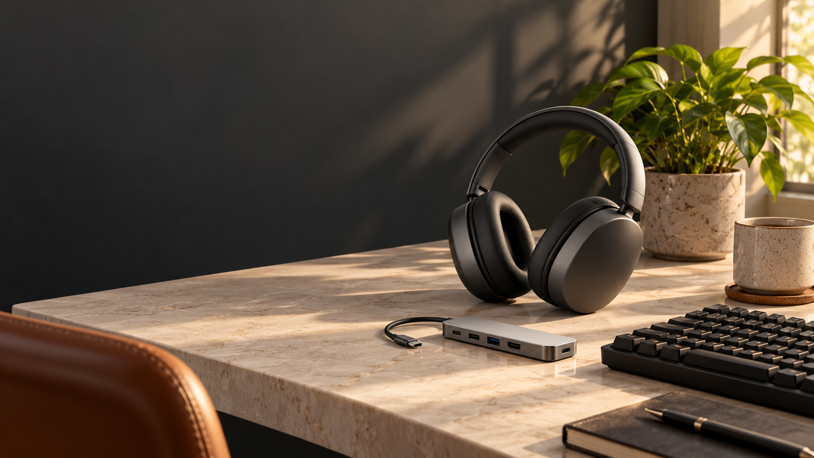 Sunlit desk with wireless headphones, keyboard and USB-C hub